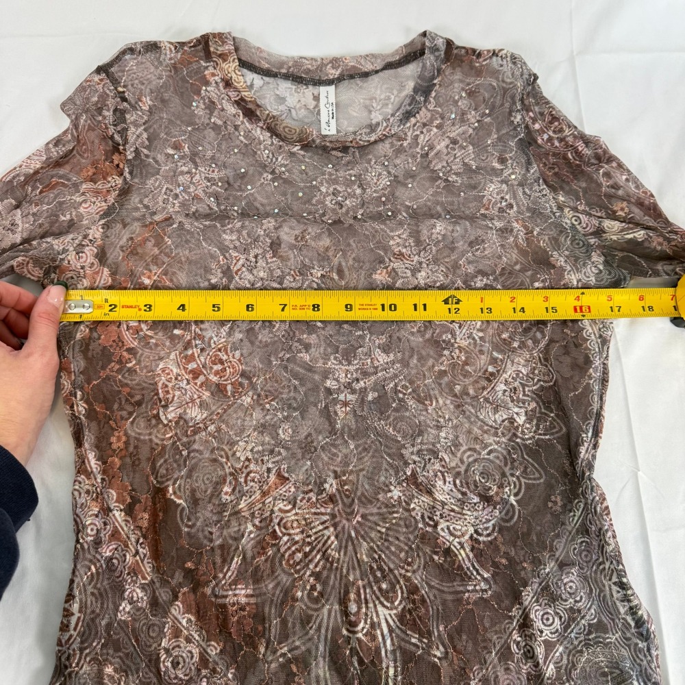 Boho Festival Western Womens Brown Paisley Mesh Rhinestone Long Sleeve Top Y2K M - Picture 8 of 9